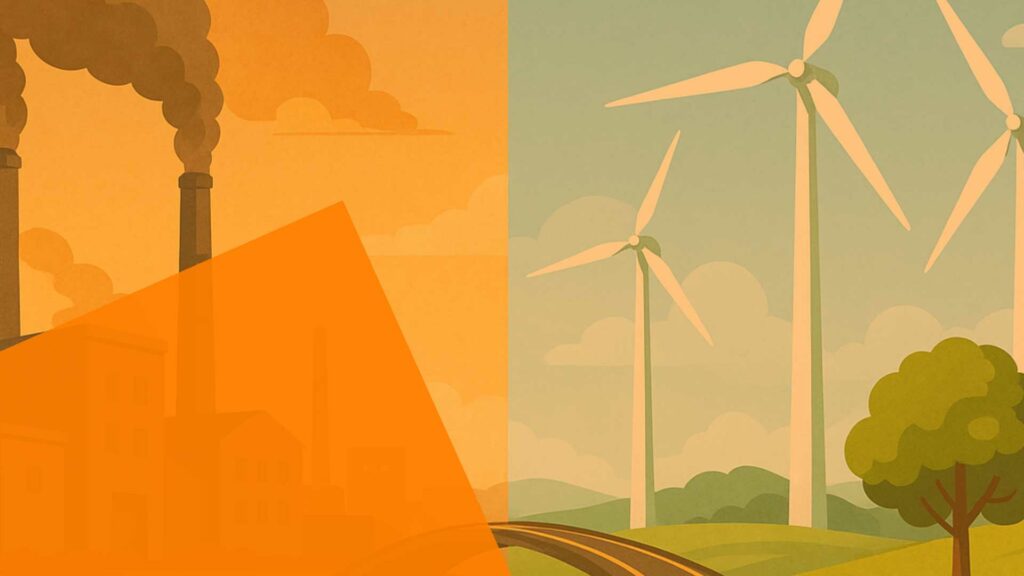 EIn zweigeteiletes FOto. Rechts eine Windpark auf dem Land und Links eine Industrielandschaft.
