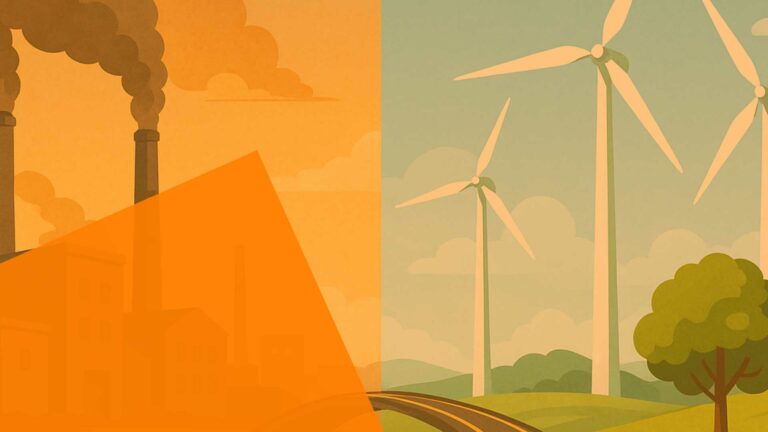 EIn zweigeteiletes FOto. Rechts eine Windpark auf dem Land und Links eine Industrielandschaft.